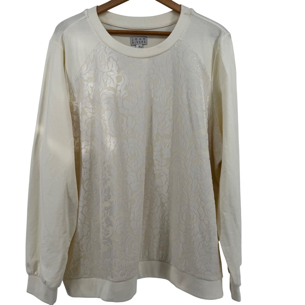 Joan Rivers Womens 2X Cream Floral Jacquard Metallic Lace Front Sweatshirt Top